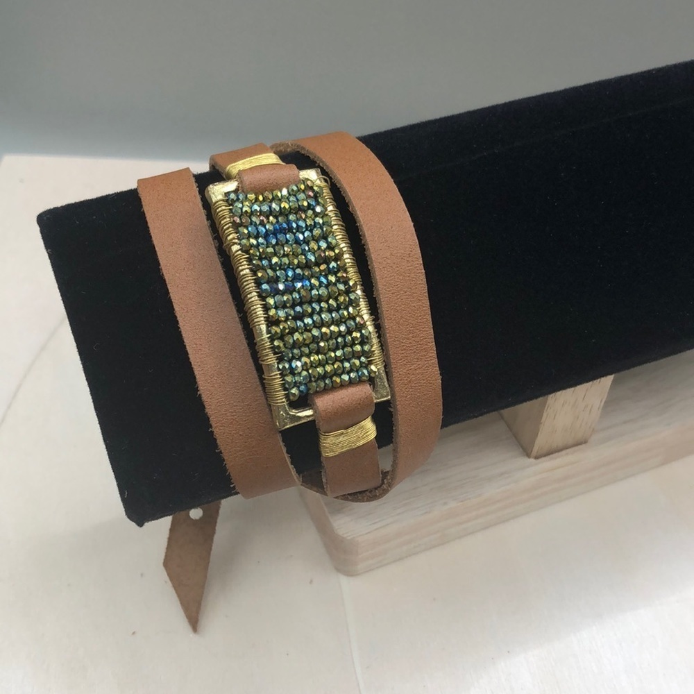 Noonday Brilliant Leather Wrap Bracelet, caramel peacock glass beads.